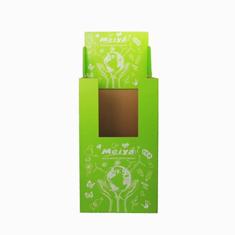 Green eco printed corrugated dump bin with front window for retail promotion