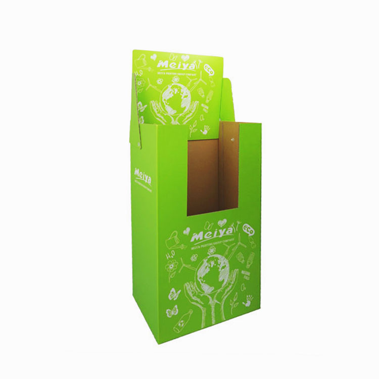 Green eco printed corrugated dump bin with front window for retail promotion