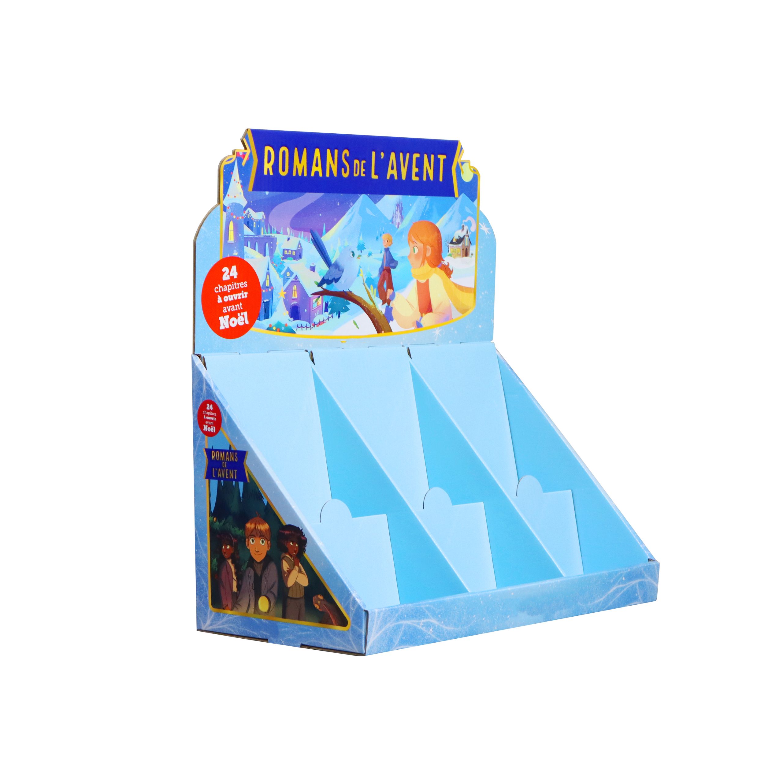 Retail book display with custom printed graphics