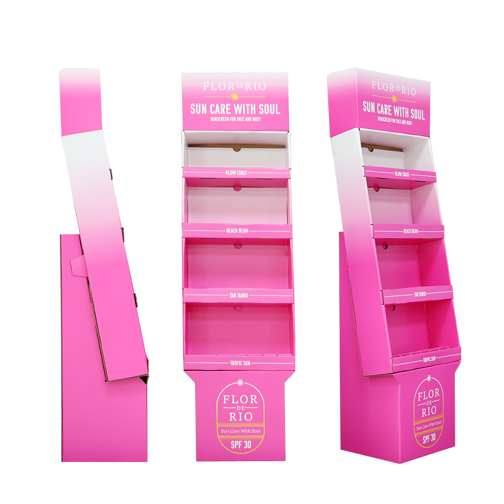 Custom Printed 4-Tier Cardboard Floor Display Stand for Sun Care Products Custom Printed 4-Tier Cardboard Floor Display Stand for Sun Care Products