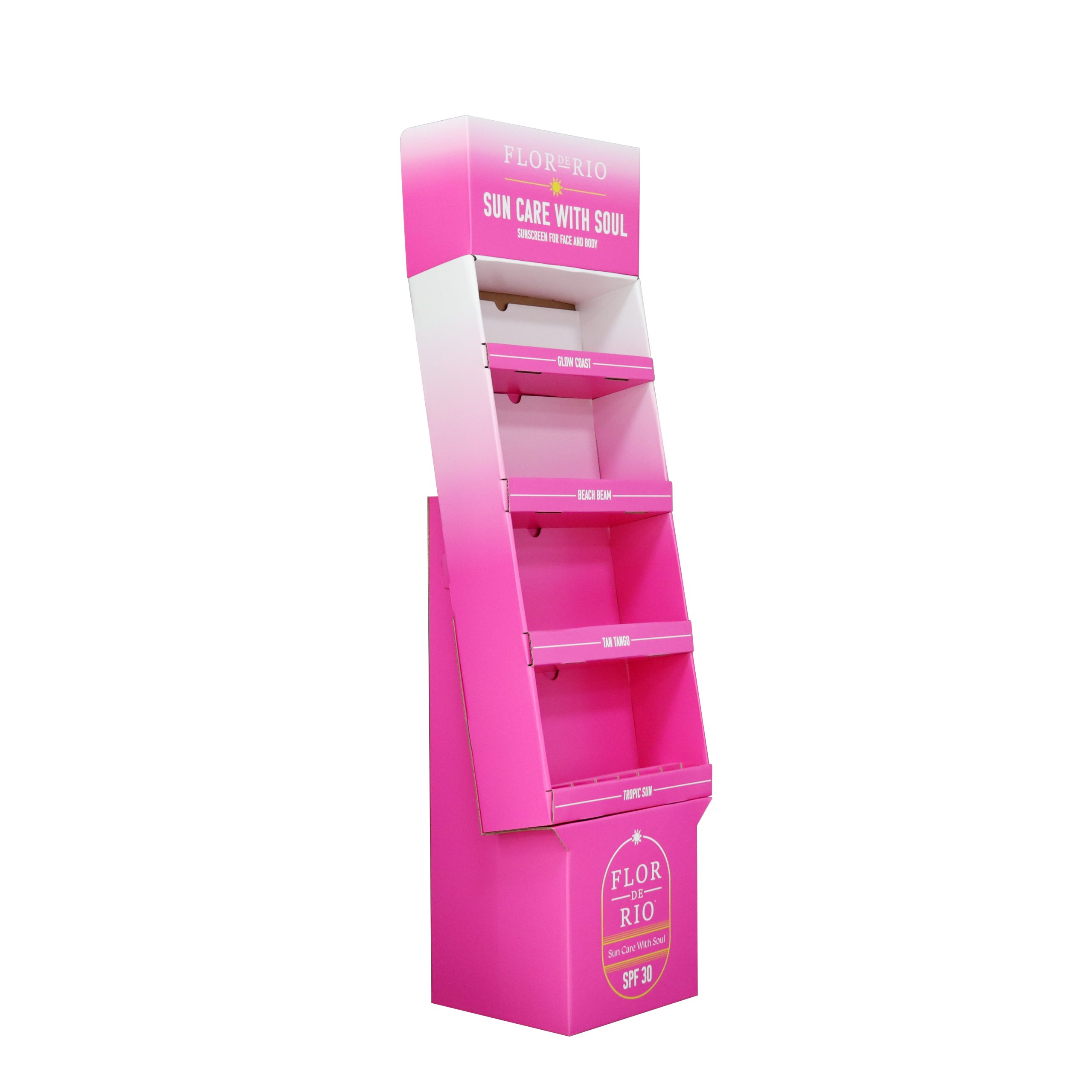 Custom pink cardboard sunscreen display stand with four angled shelves