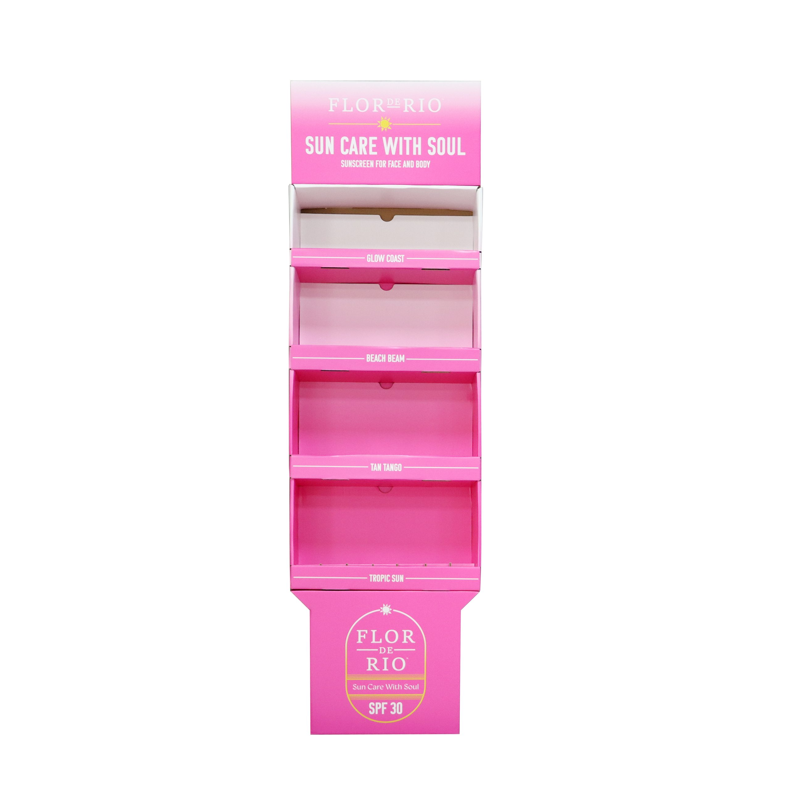 Custom pink cardboard sunscreen display stand with four angled shelves