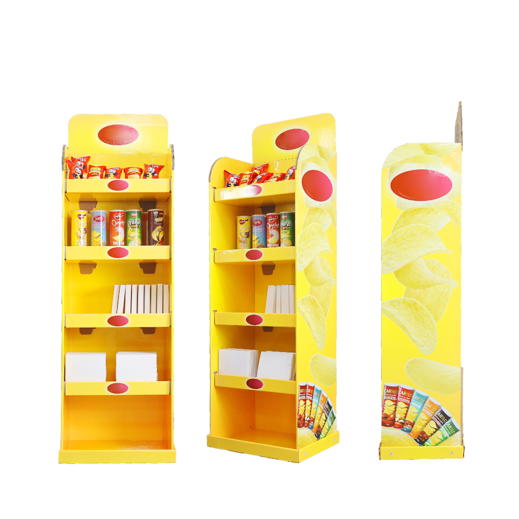 Custom Printed Cardboard Potato Chips Floor Display Stand, Corrugated Paper Promotional Display Rack for Supermarket Snacks Custom Printed Cardboard Potato Chips Floor Display Stand, Corrugated Paper Promotional Display Rack for Supermarket Snacks
