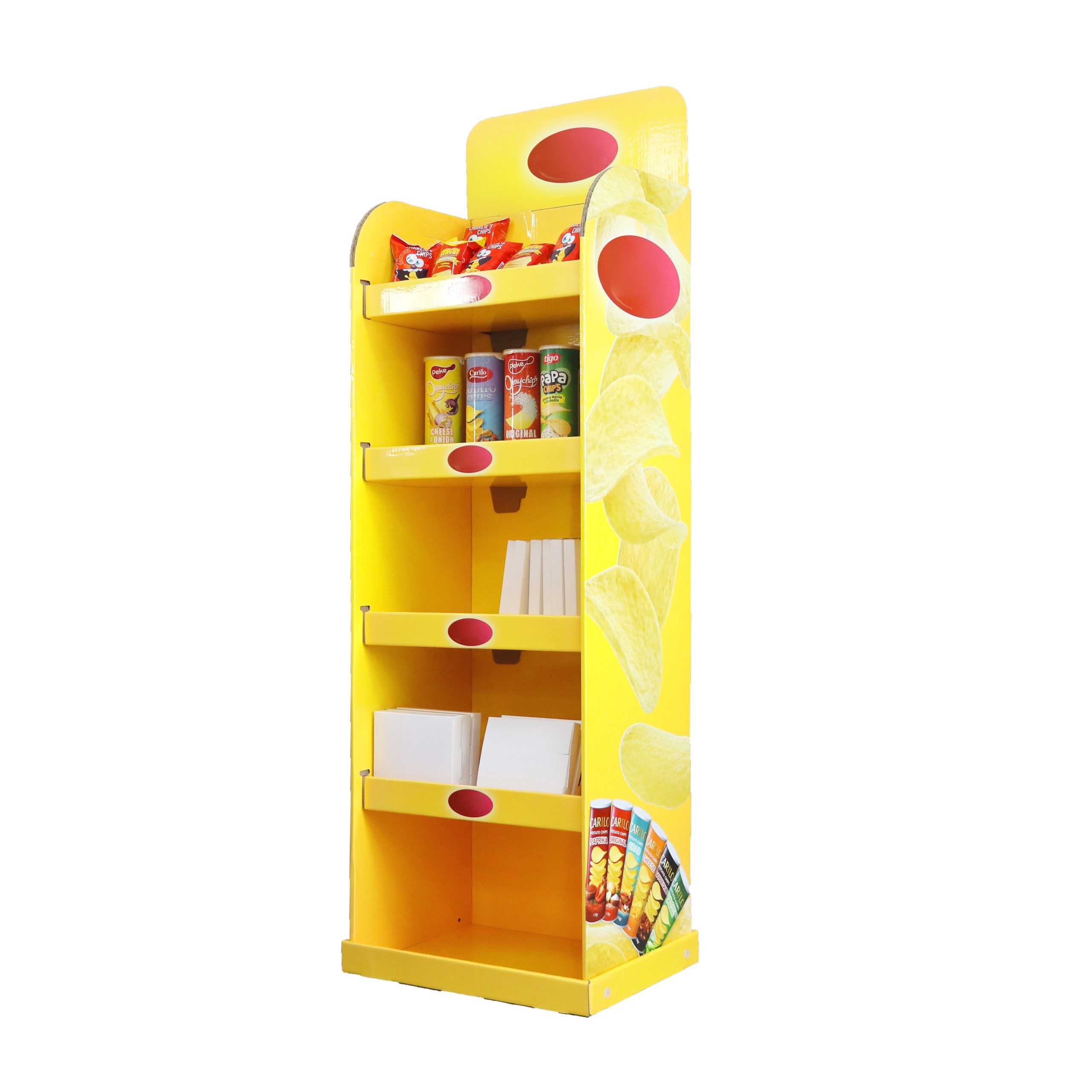 Front view of snack floor display rack for packaged foods