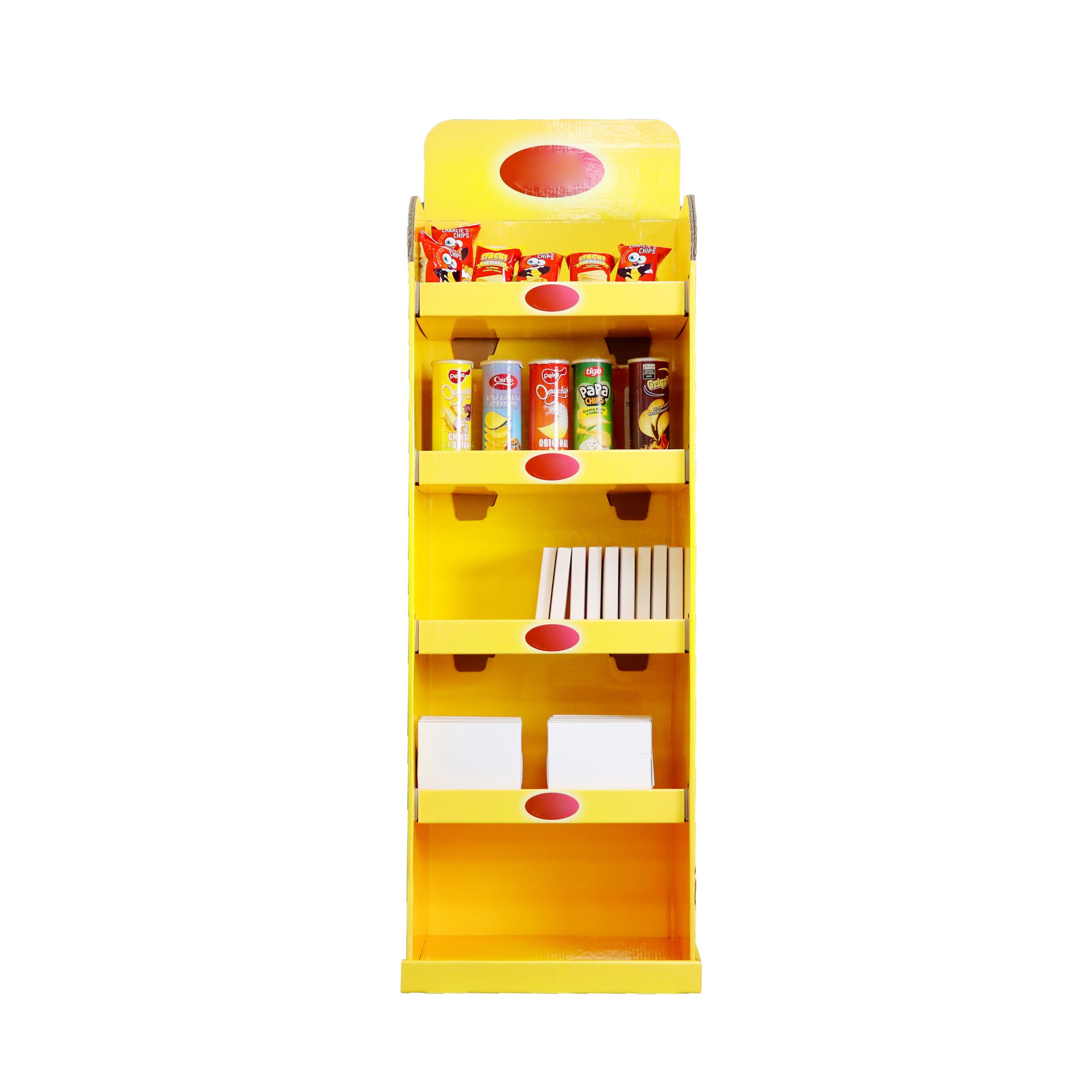Side view of cardboard snack floor display rack for supermarket promotions