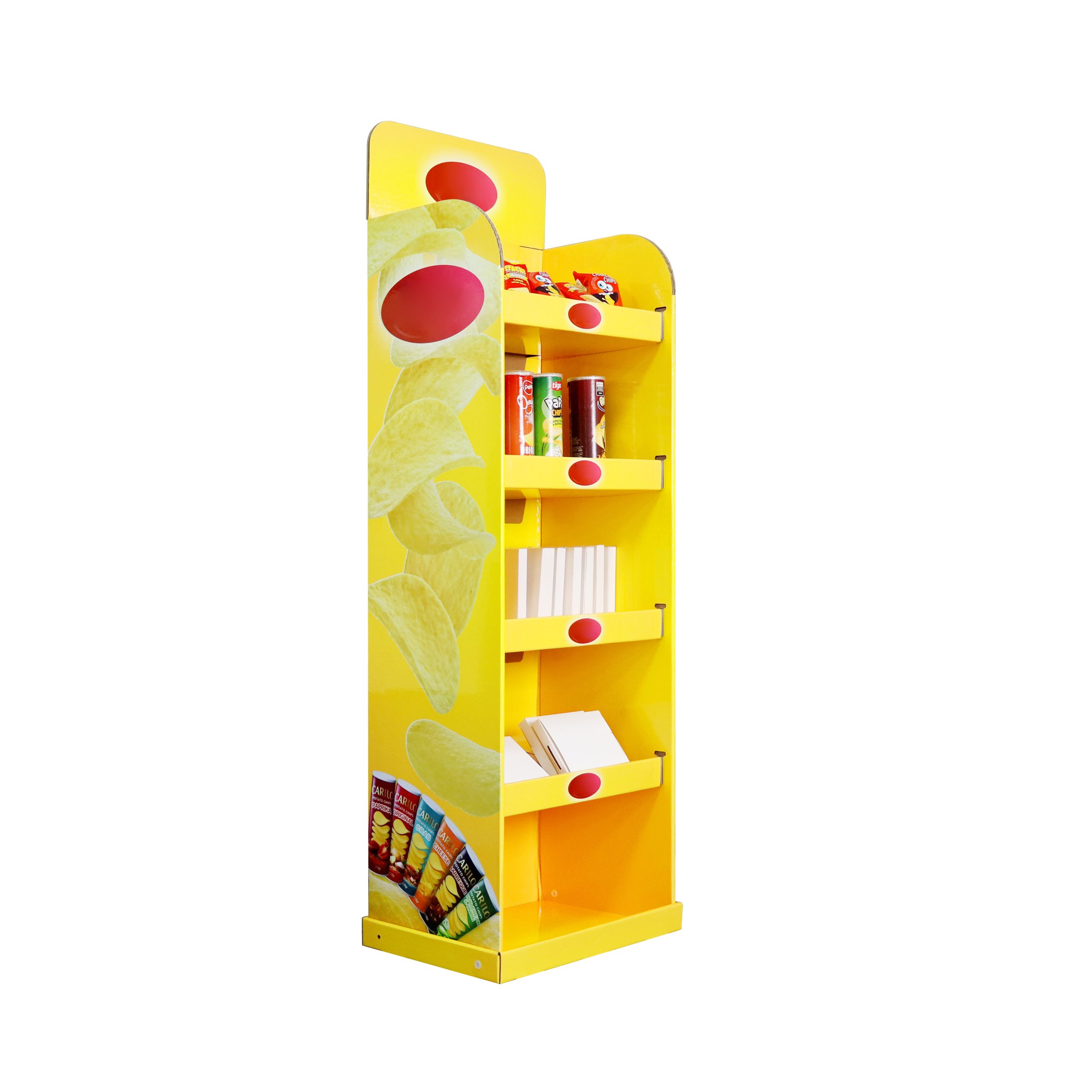 Four shelf snack floor display rack with custom printed graphics