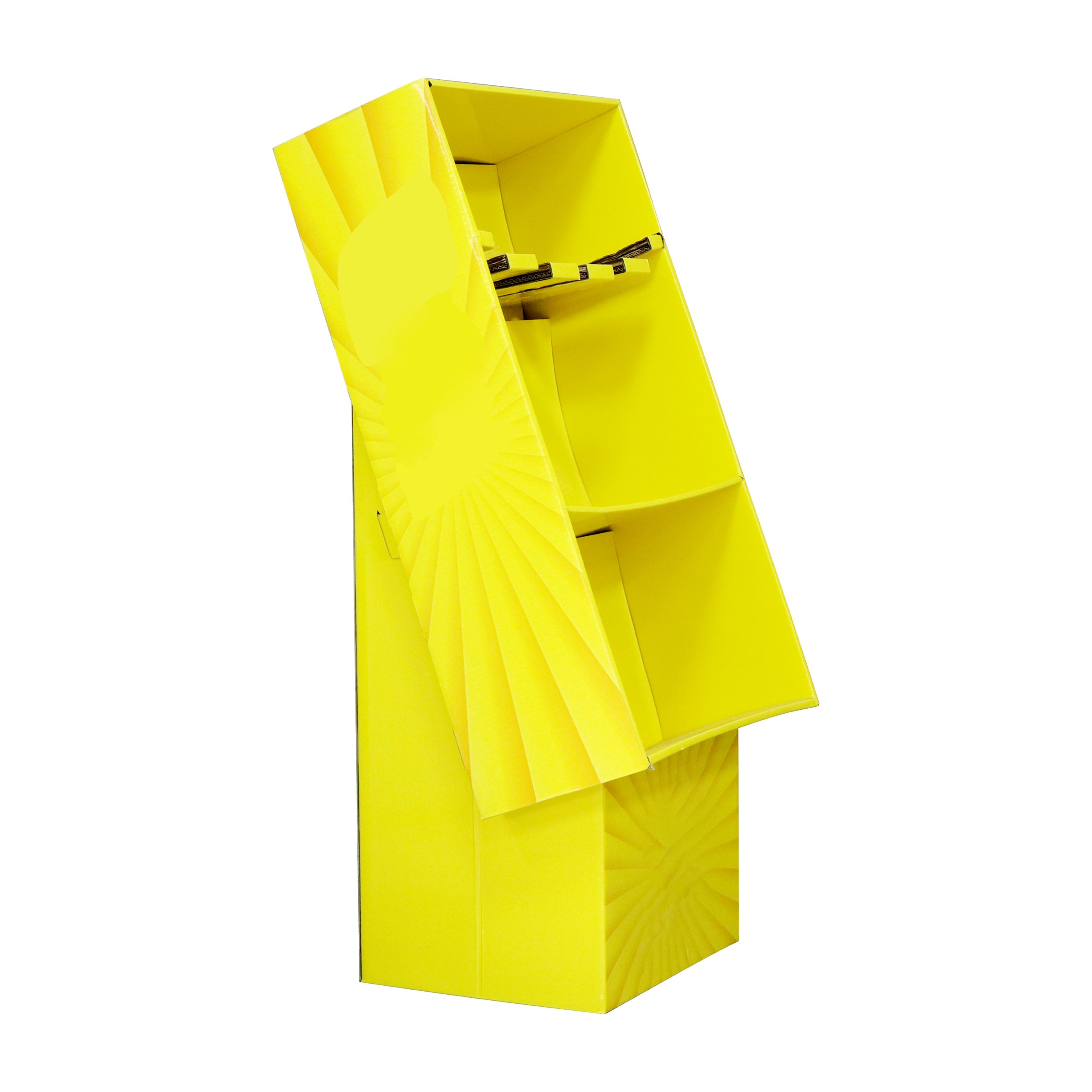 Side view of an angled cardboard floor display