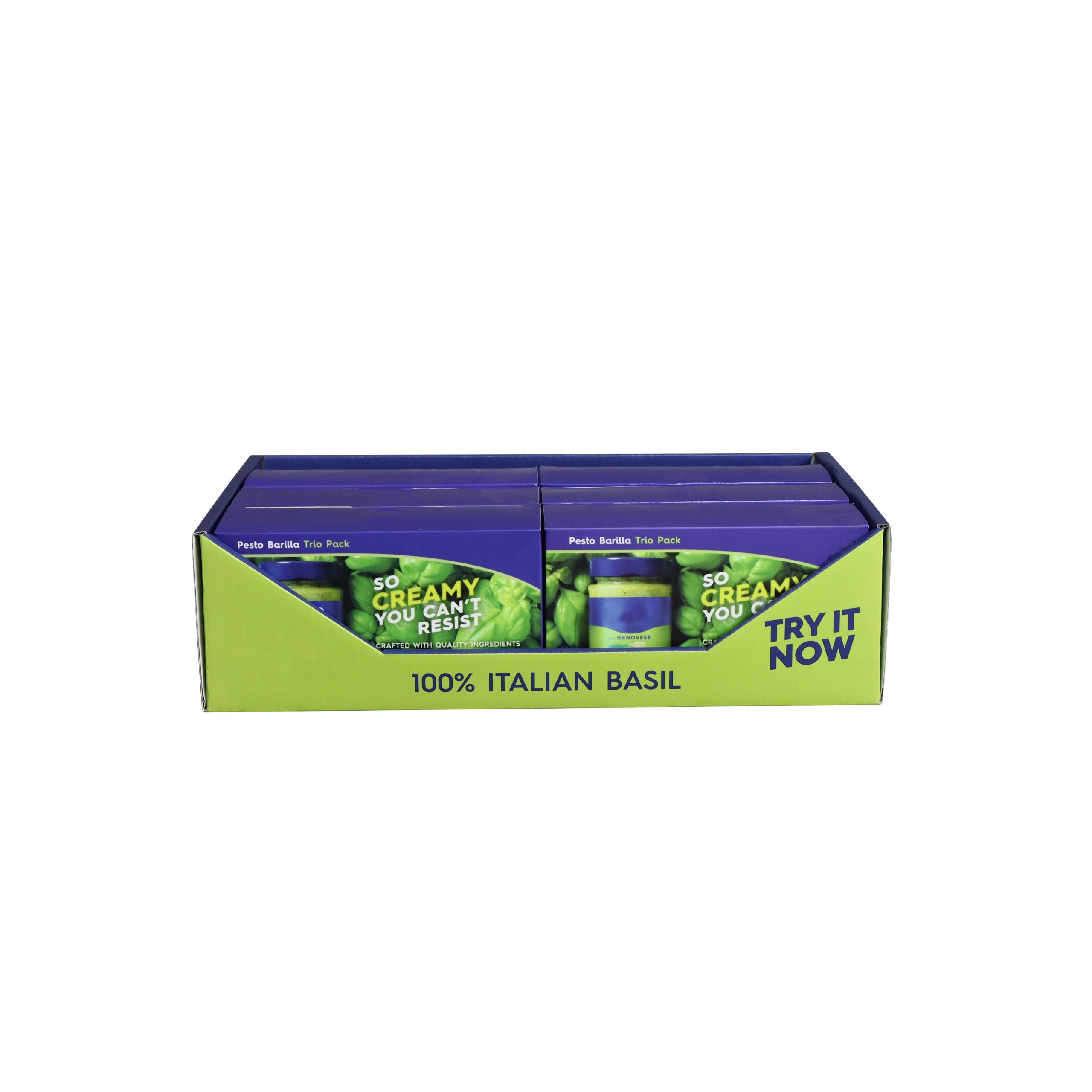 Front view of cardboard shelf ready display tray