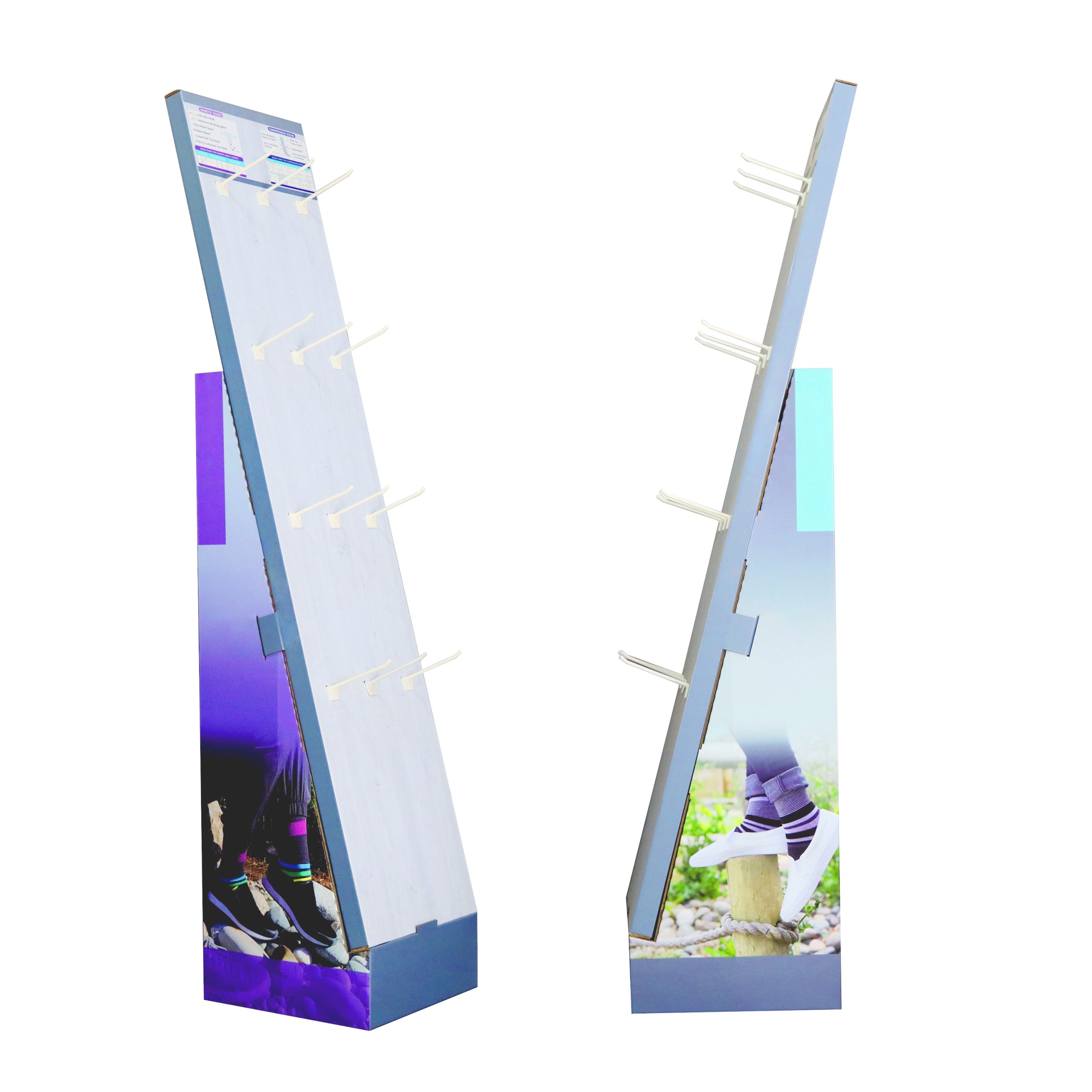 Custom foldable cardboard sock display stand with peg hooks, eco-friendly corrugated paper retail floor rack for socks and small hanging accessories. Custom foldable cardboard sock display stand with peg hooks, eco-friendly corrugated paper retail floor rack for socks and small hanging accessories.
